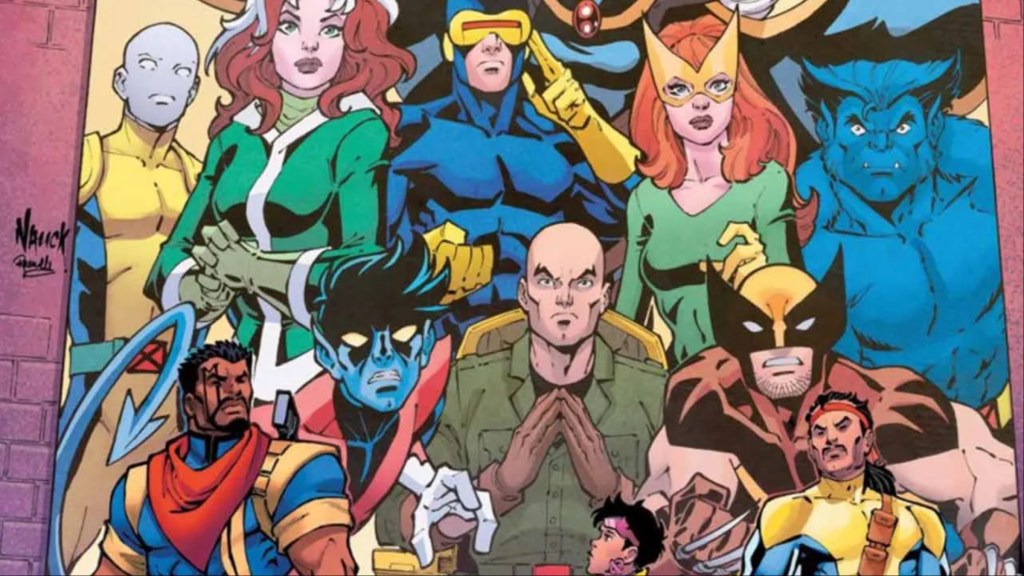 Bishop, Jubilee, and Forge standing in front of a poster of the X-Men