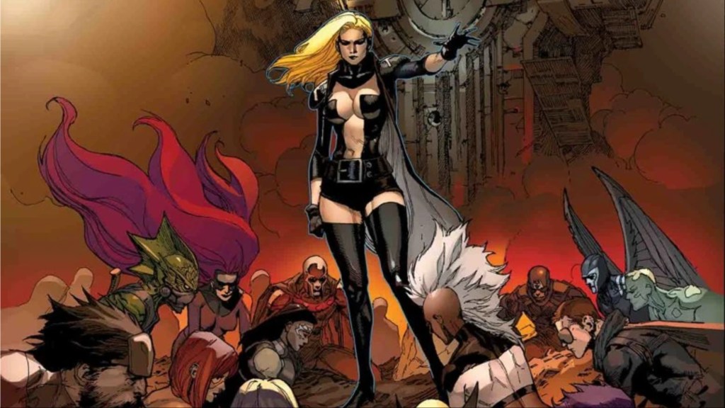 Emma Frost standing over bowing mutants and Inhumans