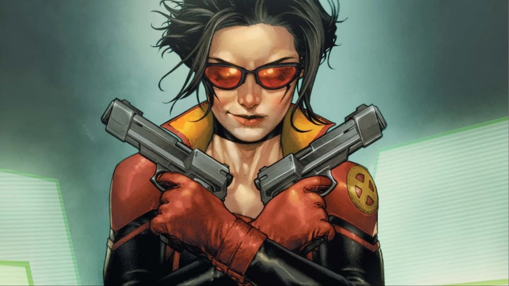 Sage holding two guns in an X over her chest