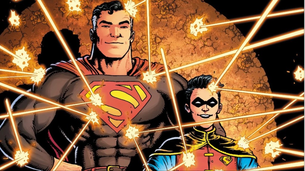 Superman and Jon Kent dressed as Robin getting shot, the bullets bouncing off him