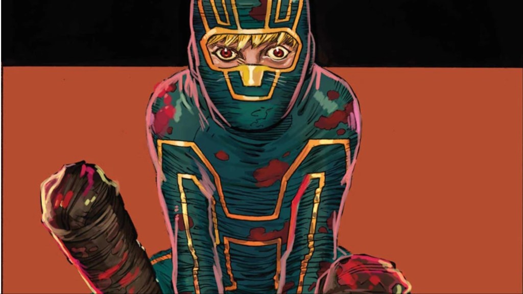 Kick-Ass covered in blood, crouching and ready to fight