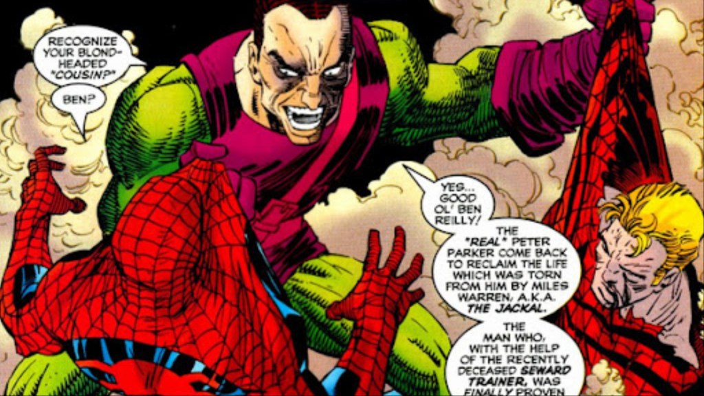 Norman Osborn holding a beaten Ben Reilly and Peter Parker