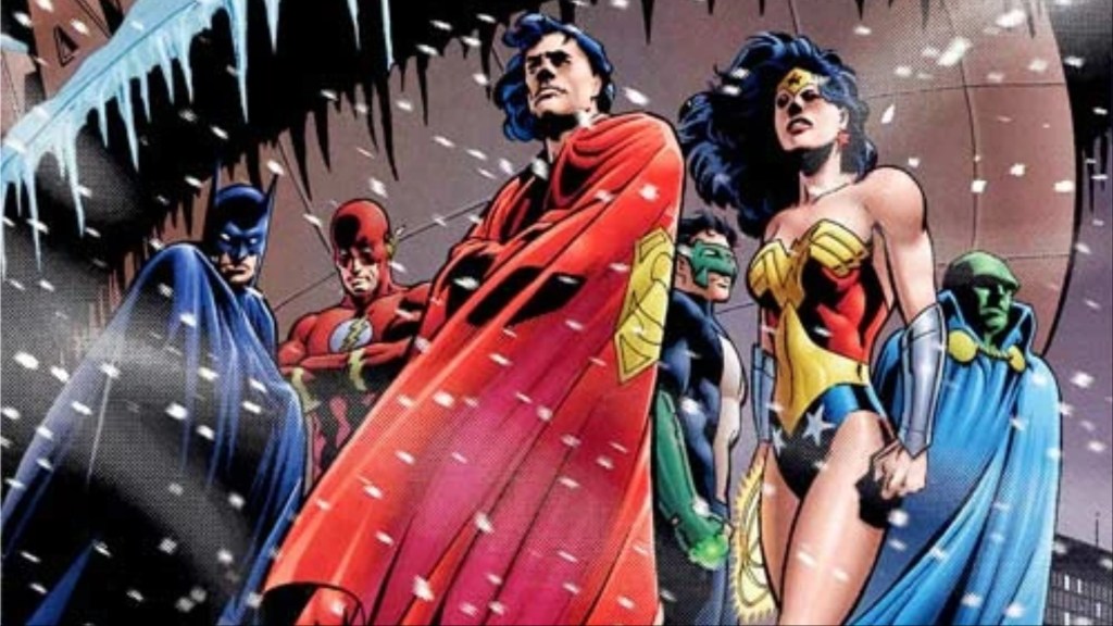Batman, the Flash, Superman, Green Lantern, Wonder Woman, and Martian Manhunter standing in the snow on top of the Daily Bugle building