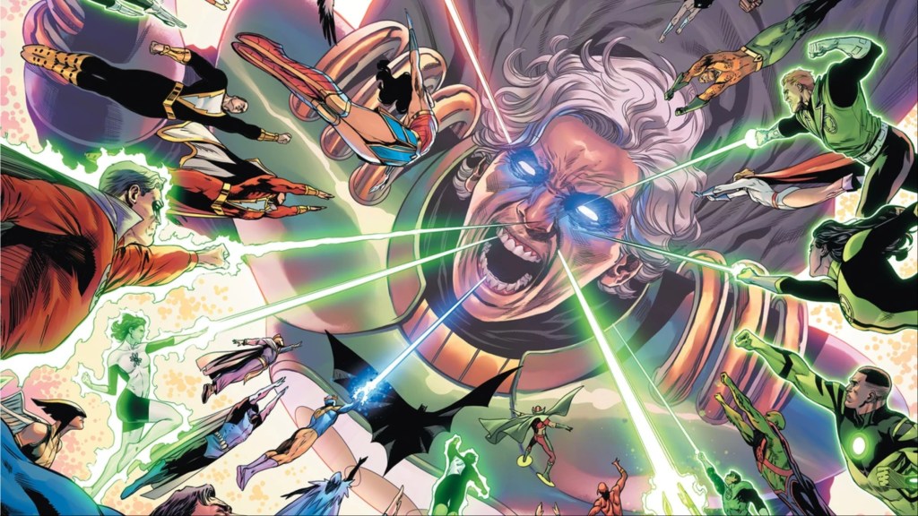 The heroes of the DC Universe attacking Pariah in an homage to Crisis on Infinite Earths #12
