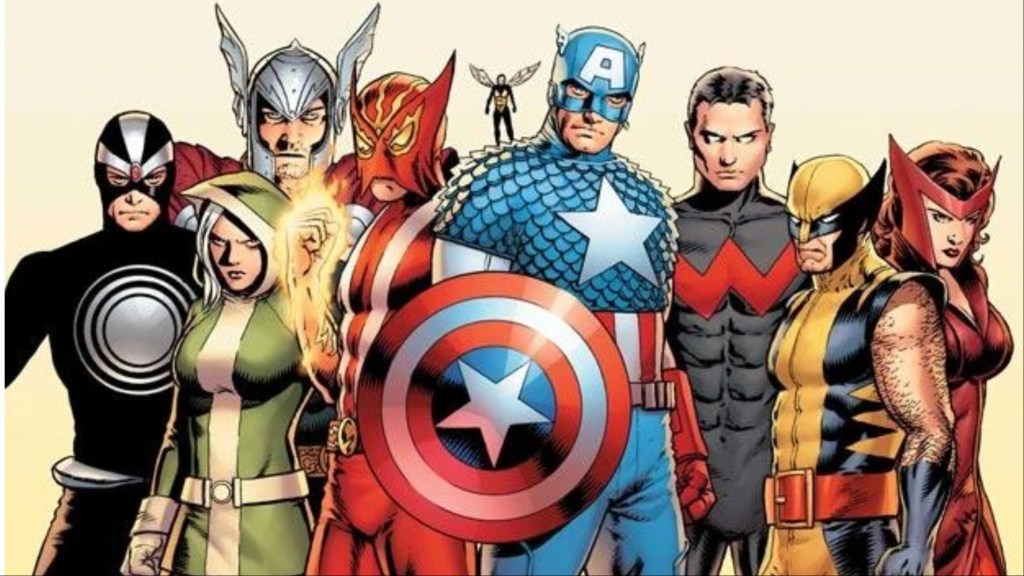 Havok, Thor, Rogye, Sunfire, Wasp, Captian America, Wonder Man, Wolverine, and Scarlet Witch standing together