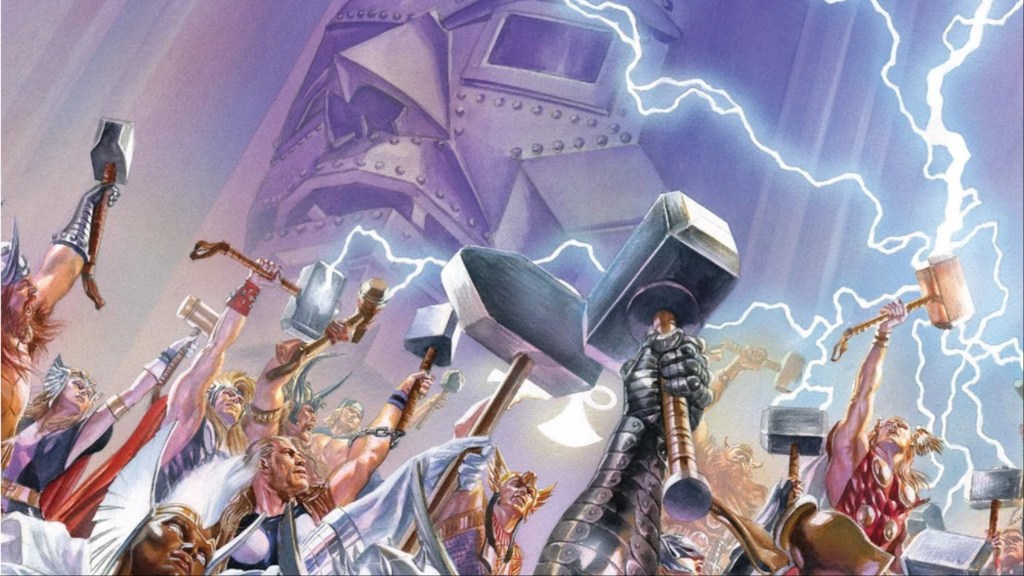 The specter of God Emperor Doom saluted by the Thor Corps