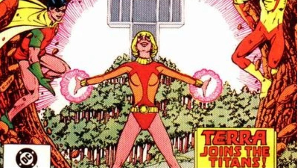 Terra using her powers in front of Titans Towers with Robin and Kid Flash near her