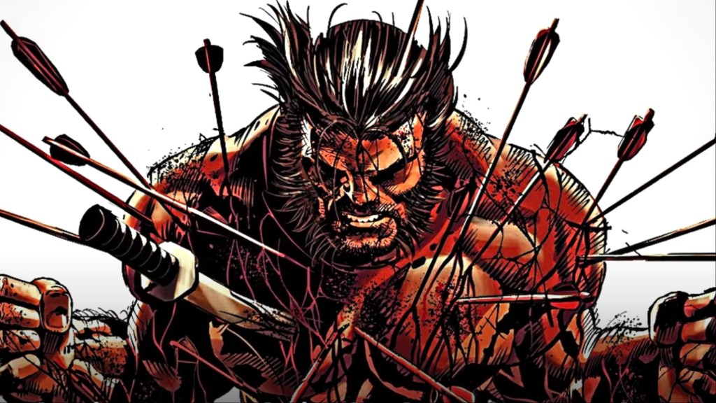 Wolverine stuck like a pin cushion with arrows