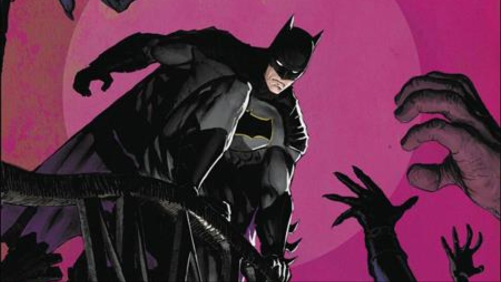 Batman standing on the gate of Arkham with hands reaching towards him