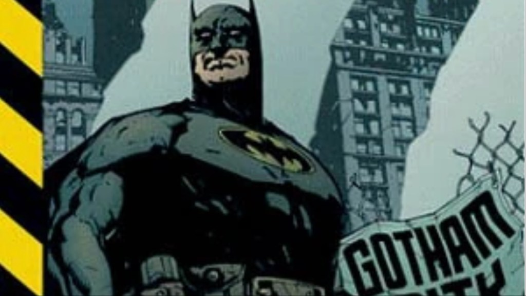 Batman standing in front of the wrecked Gotham City