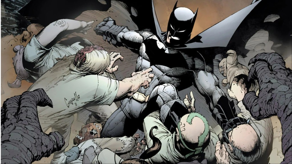Batman under attack by numerous enemies