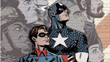 Captain America and Bucky standing in front of American heroes
