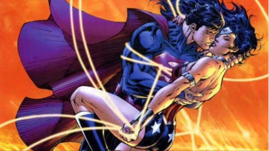 Superman and Wonder Woman making out in the air