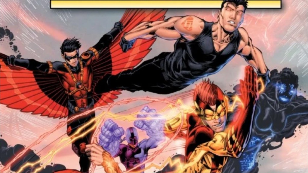 Red Robin, Superboy, Kid Flash, Bunker and another hero jumping into battle