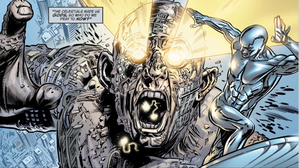 The Absorbing Man firing blasts at the Silver Surfer