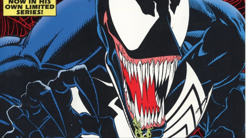 A close up on Venom's face with venomous green drool