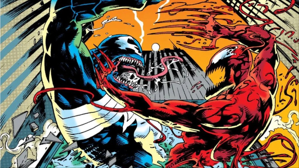 Venom and Carnage fighting on the side of a building, coming out of a screen