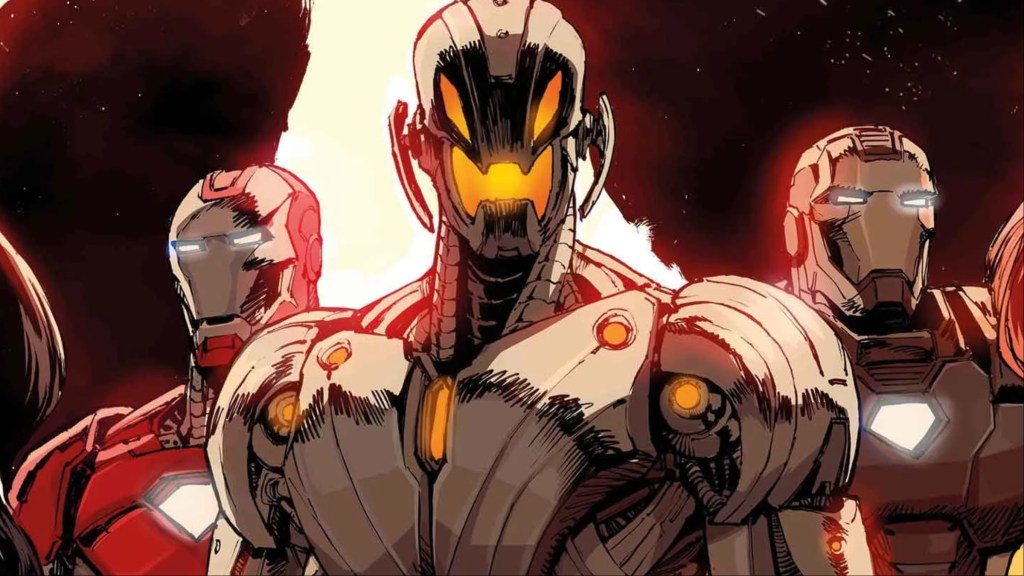 Ultron standing with Iron Man and War Machine