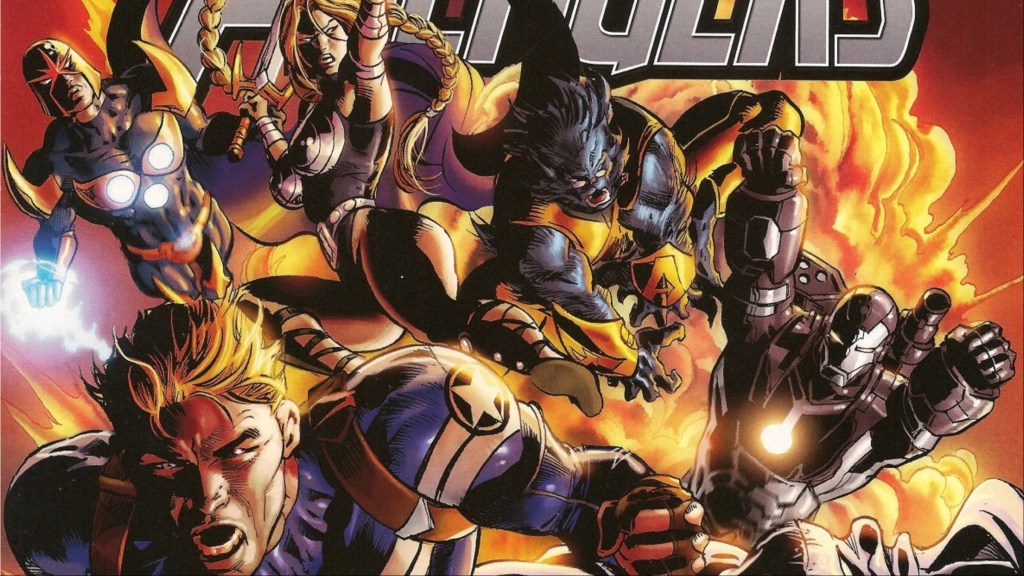 Steve Rogers leading Nova, Valkyrie, Beast, War Machine, and Moon Knight into battle