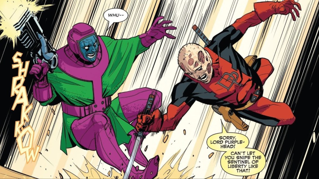 Deadpool battling Kang the Conqueror