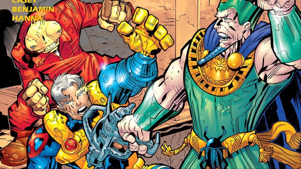 Cable and Blaquesmith battling Kang the Conqueror