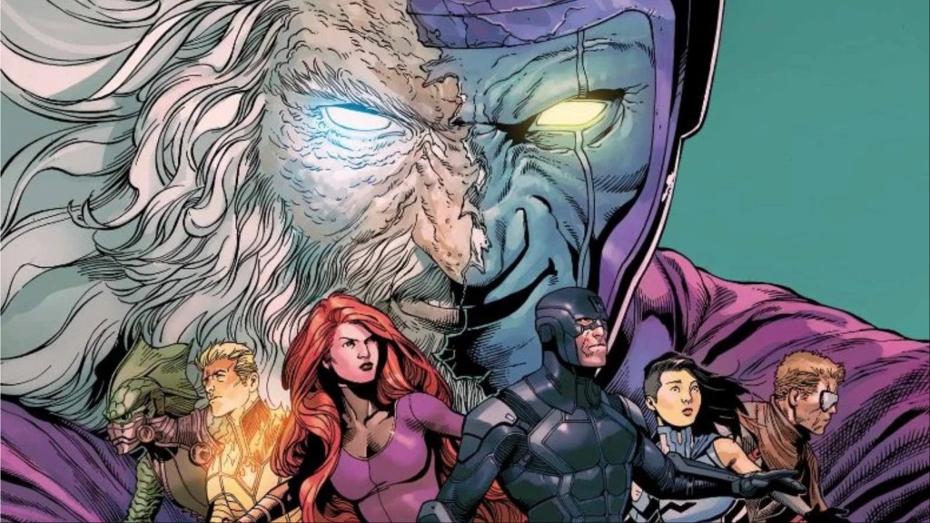 Kang the Conqueror holding the Inhumans in the palm of his hand