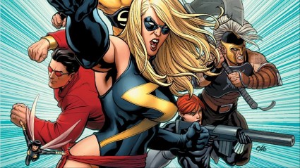 Wonder Man, the Wasp, Ms Marvel, Black Widow, and Ares ready for battle