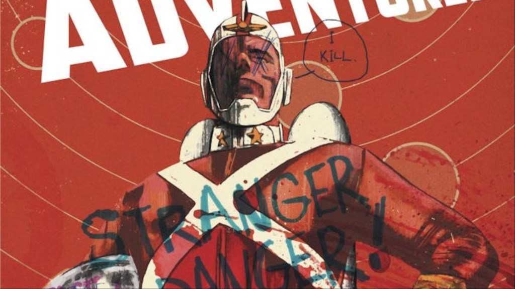 A defaced poster of Adam Strange