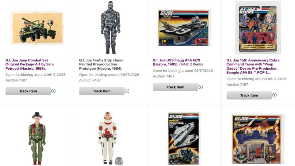 A screenshot from Heritage Auctions featuring several G.I. Joe toys on the lot.