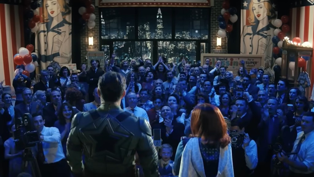 Soldier Boy and Stormfront in front of a crowd in Vought Rising