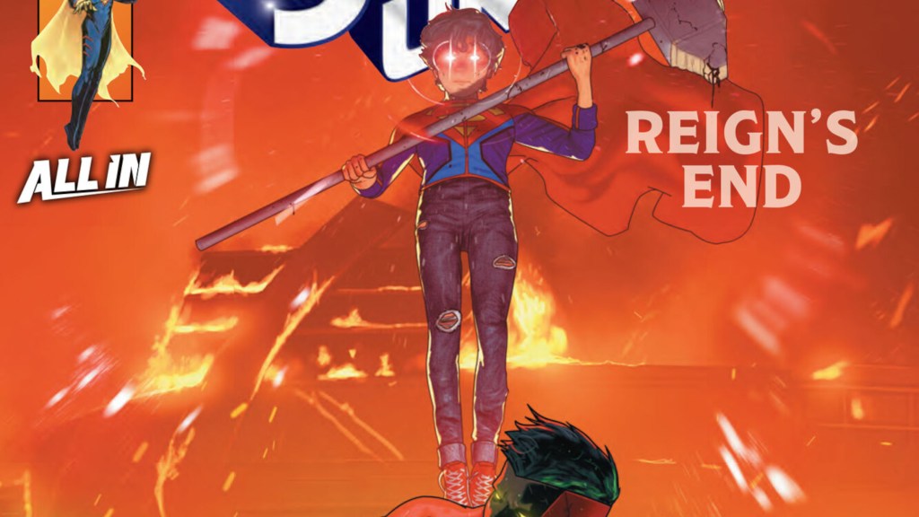 Superboy Hovers over Tomorrow Man with Steel's Hammer