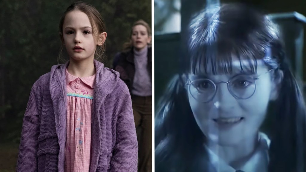 Split image of Amelie Bea Smith and Moaning Myrtle in Harry Potter