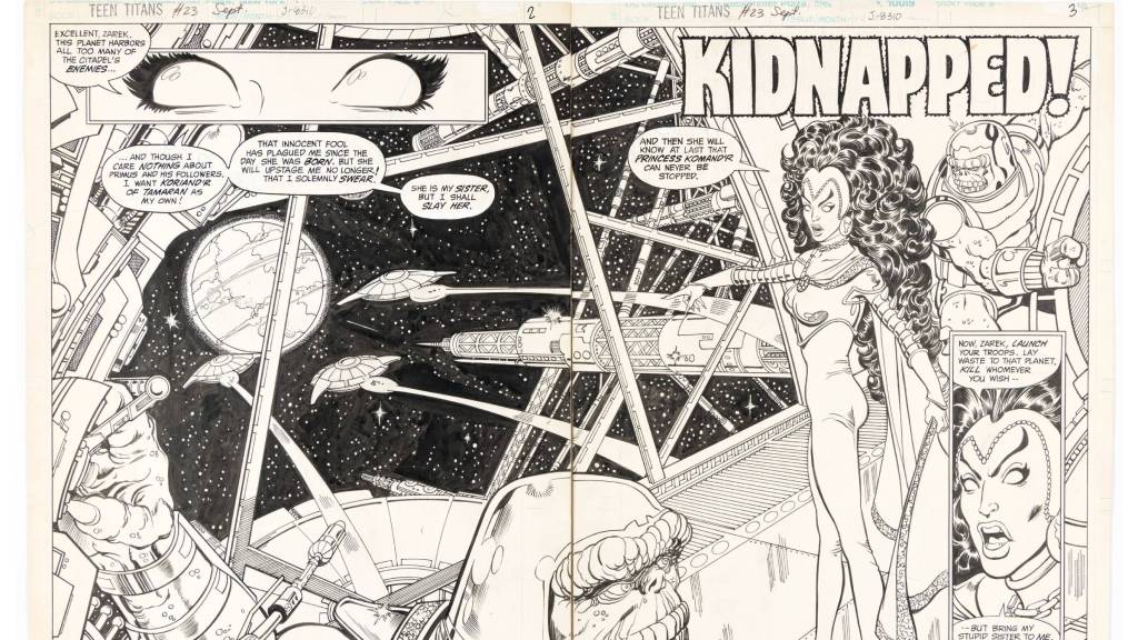 George Pérez and Romeo Tanghal The New Teen Titans #23 Double Splash Page featuring Blackfire ordering her fleet to attack Earth.