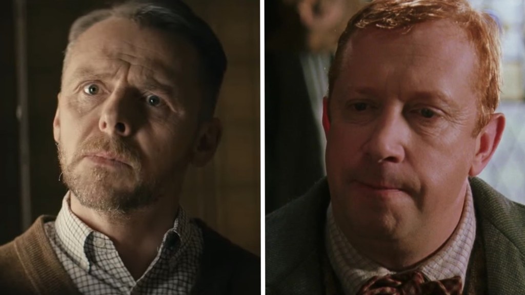 Split image of Simon Pegg and Arthur Weasley in Harry Potter