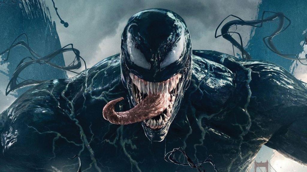 A picture of Sony's Venom, with his tongue sticking out.