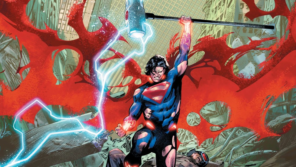 Superman wields Steel's hammer