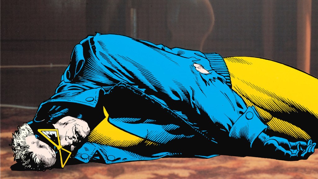 Animal Man on ground in front of Grant Morrison