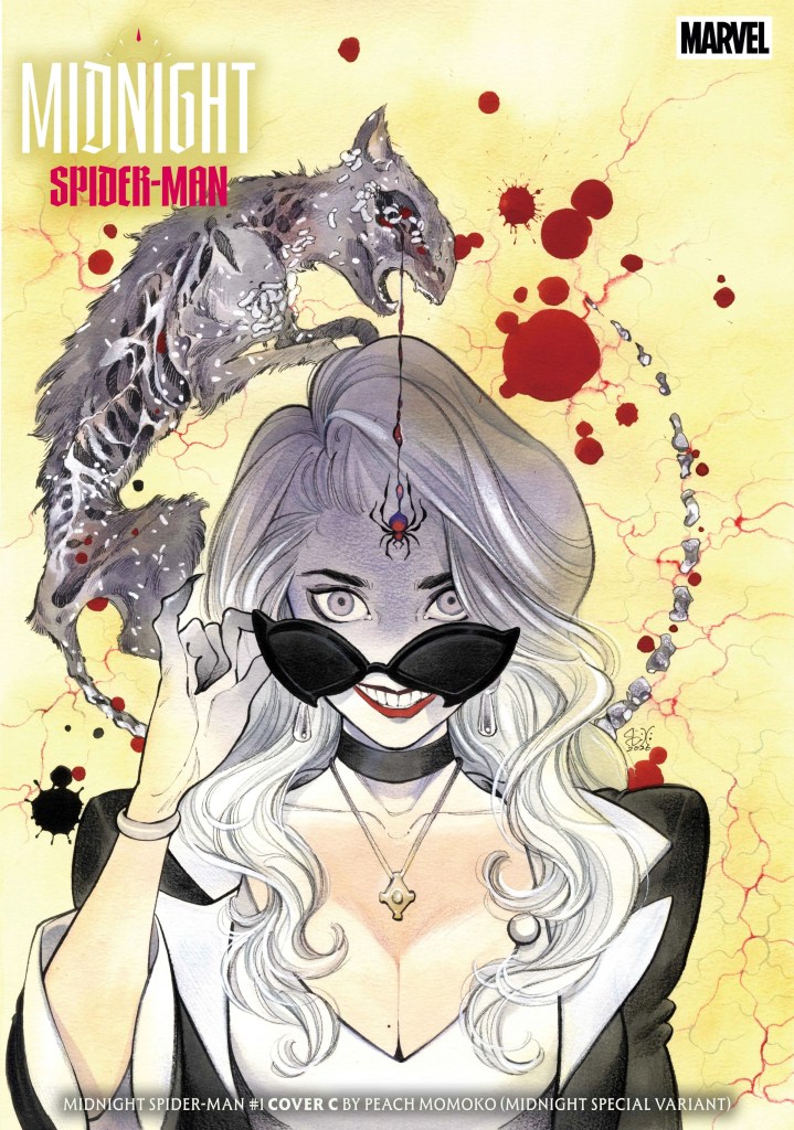 Midnight Black Cat with skeletal cat and spider hanging in front of her