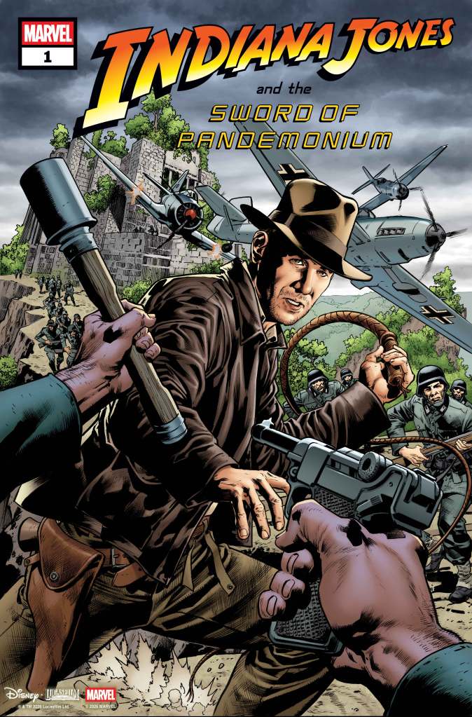 Indiana Jones in front of a temple under attack