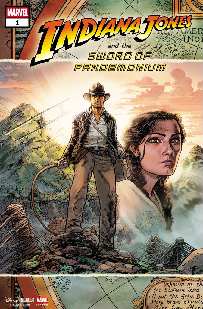 Indy standing in front of a mountain as the son sets, with Marian Ravenwood
