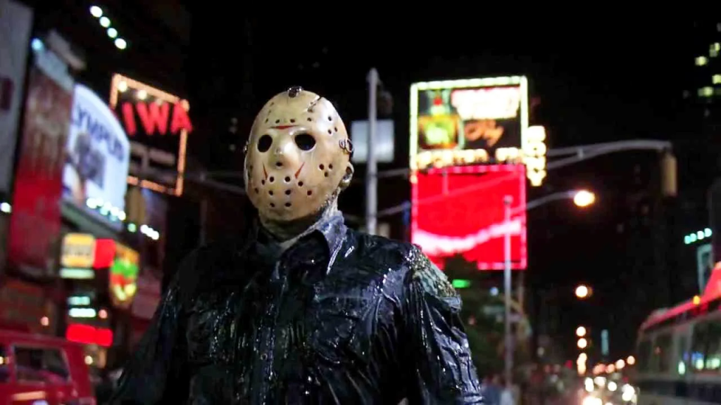 Jason Voorhees stands in Times Square.