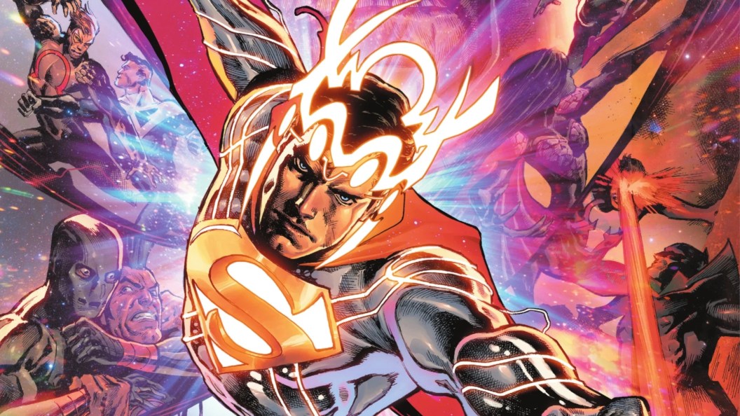 Superman stands heroically against the backdrop of various timelines.