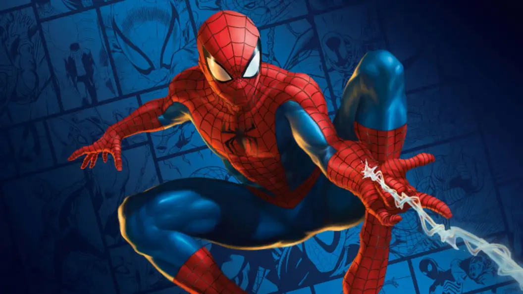 Spider-Man swinging through a city skyline in a video game.