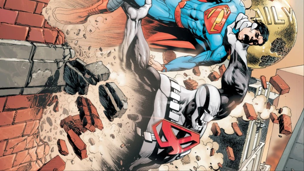 Superdoom throwing Superman through a wall