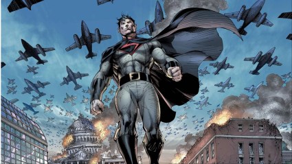 Overman walking through Washington DC as Nazi jet bombers attack