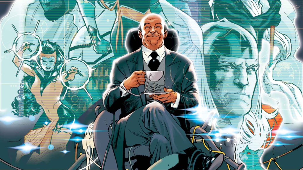 Jarvis having a cup of tea in front of a screen with the Avengers on it