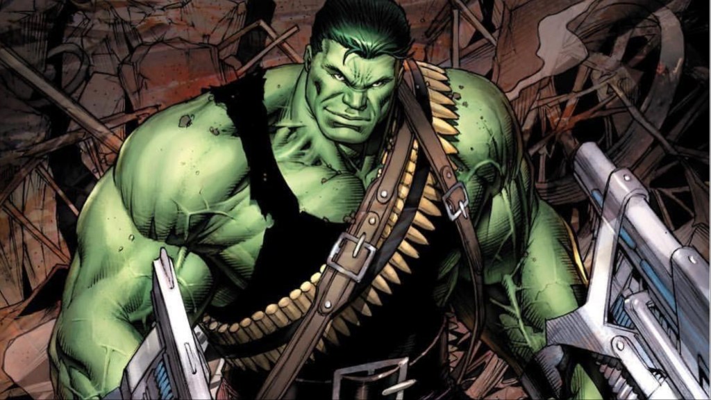 Professor Hulk holding two large guns