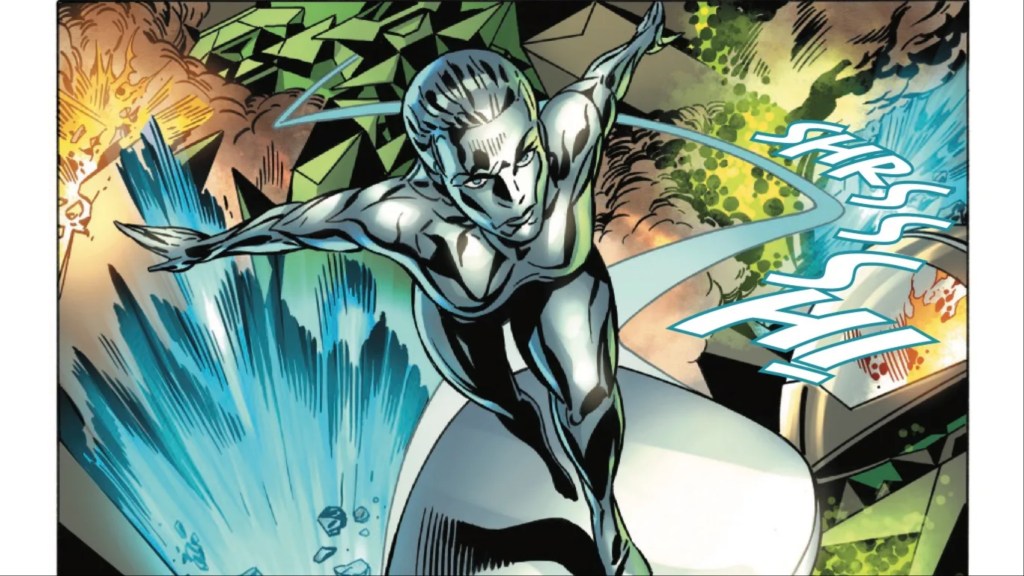 Shalla Bal as Silver Surfer flying through a forest