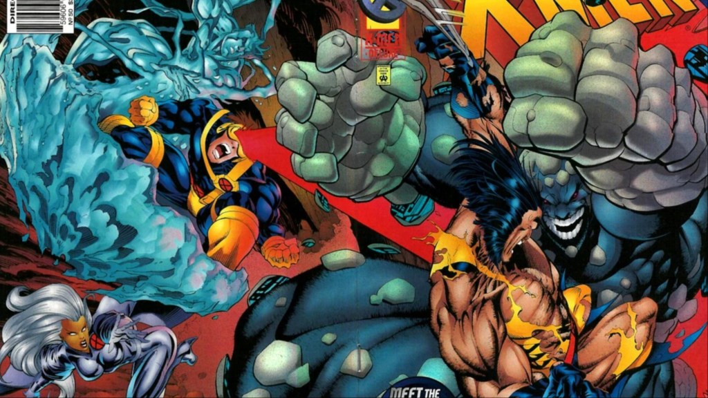 Wolverine, Cyclops, Iceman, and Storm battling Post