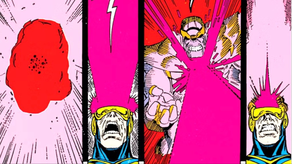 Cyclops firing his optic blasts at Thanos